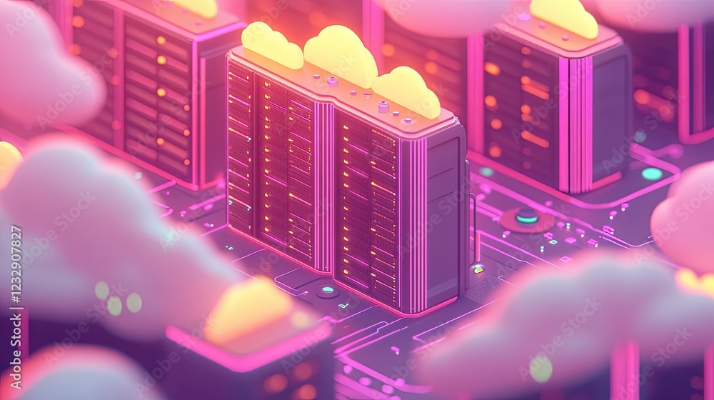 Poster stylized servers illustrating cloud computing infrastructure