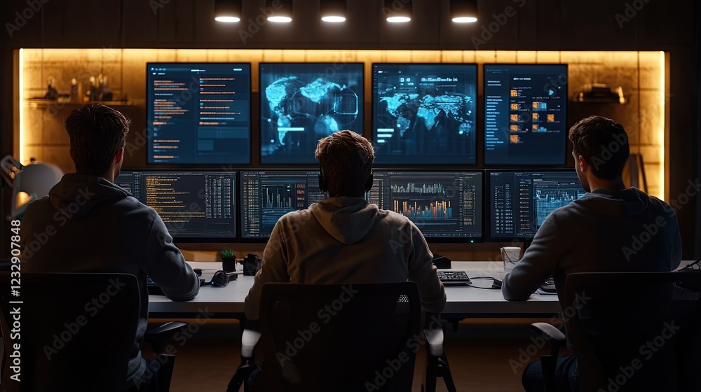 Aufkleber Three programmers work late monitoring global data streams