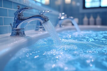 Water flows from the faucet filling the bathtub in a bright bathroom setting
