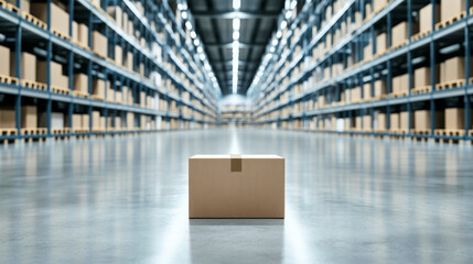 Single cardboard box on polished concrete floor in a modern distribution center