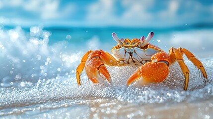 Orange crab emerges from ocean wave on sandy beach