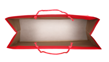Open empty red paper bag for shopping isolated on white, top view, clipping	