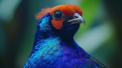 Obraz premium Vibrant Blue Pheasant Close-up, Jungle Background, Wildlife Photography