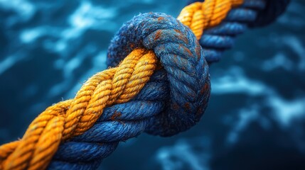 Two ropes tied, ocean background, teamwork concept, business