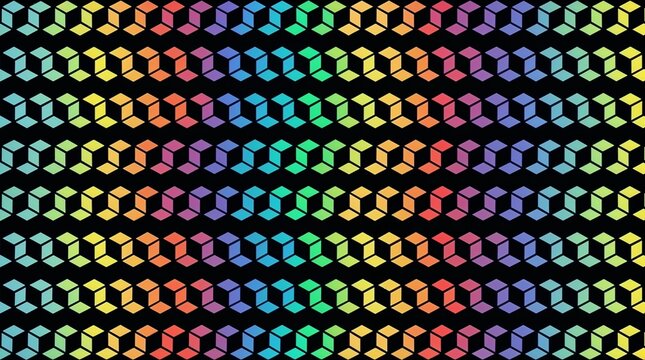 The background image consists of rows of multi-colored, rainbow-colored, interconnected quadrilateral shapes arranged in a repeating pattern on a black background.