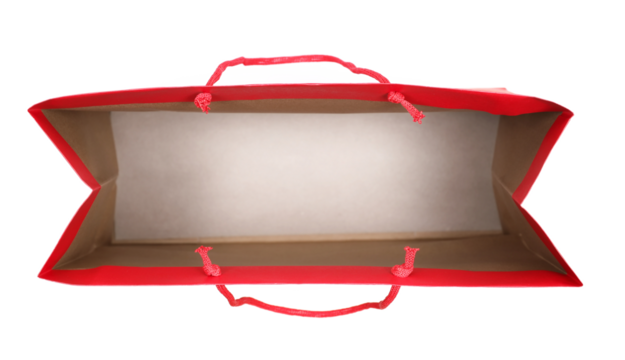 Open empty red paper bag for shopping isolated on white, top view, clipping	