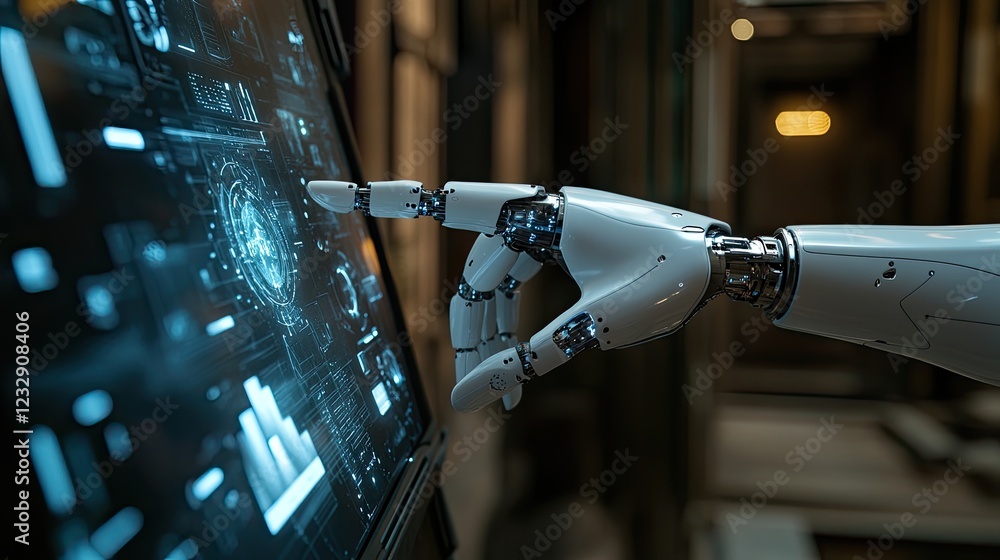 Poster Robotic Arm Interacting With Futuristic Interface Display