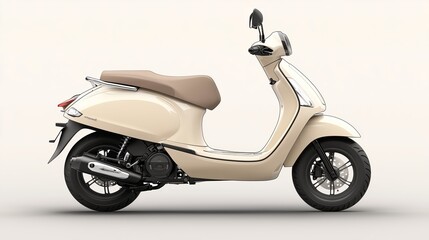 Obraz premium The beige scooter with an ergonomic seat against a minimalistic pastel background.