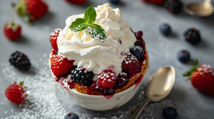 Delicious mixed berry dessert with whipped cream and mint garnish