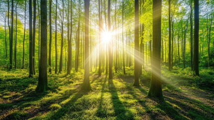 Fototapeta premium Sunbeams Illuminate Lush Green Forest Trees
