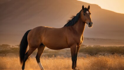 A stunning Akhal-Teke stallion in motion, kicking up soft desert dust as the sunset casts a warm glow on its muscular frame. Pure elegance, speed, and nobility