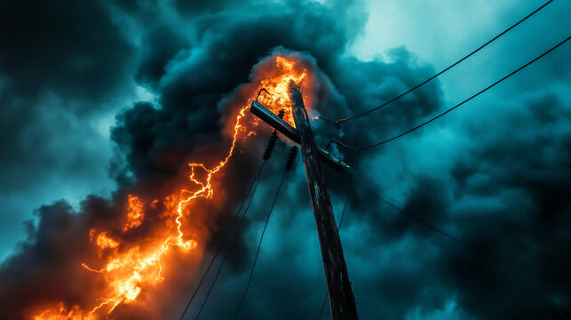 Lightning strikes power pole igniting fire and smoke in dramatic stormy atmosphere