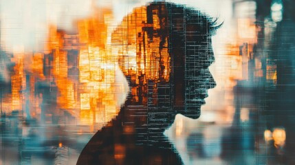 Fototapeta premium Human Silhouette with Abstract Digital Overlay and Warm Color Hues