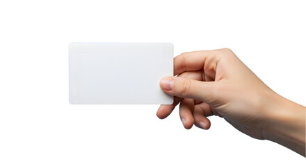 a hand holding a white empty card isolated on transparent background, white card in hands png