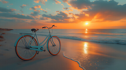 Fototapeta premium Beach sunset bike ride, ocean waves, tranquil scene, travel postcard
