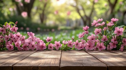 Naklejka premium A pink apple blossoms on a wooden table with a blurred garden background.