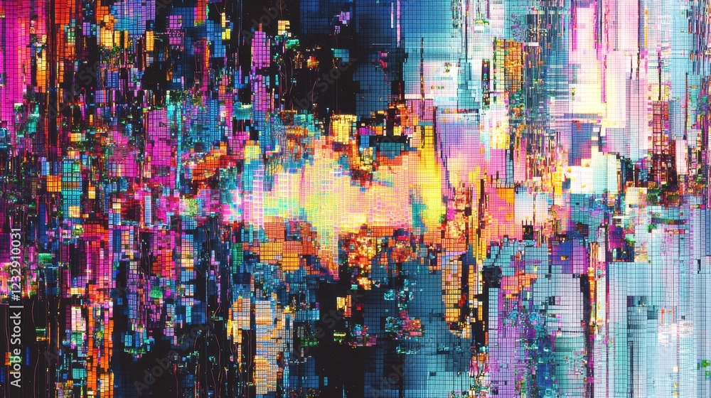 Poster vibrant abstract digital art with colorful patterns and distortion