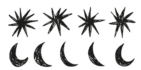 Crayon textured pencil stars hand drawn ink brush strokes and moon crescent doodle scribbles squiggles set collection 