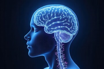 Obraz premium Adaptive Neurofeedback Training : Translucent brain fused with digital fractal vines, cognitive enhancement via neon data rain