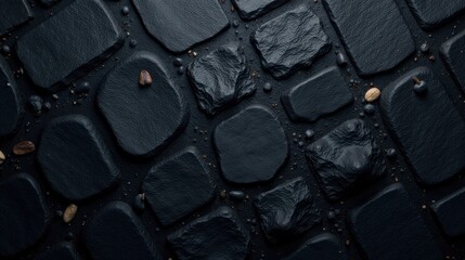 Fototapeta premium Dark Stone Pavement Texture with Scattered Seeds and Nuts