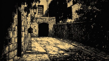 Fototapeta premium Narrow Cobblestone Alley with Lantern and Stone Wall at Night
