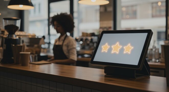 Digital star rating interface displayed on tablet in modern coffee shop with barista in warm and inviting atmosphere