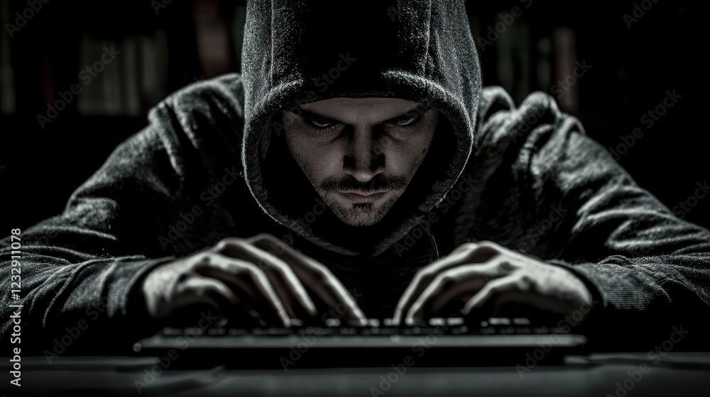 Poster mysterious hacker in dark hoodie engaged in computer activity