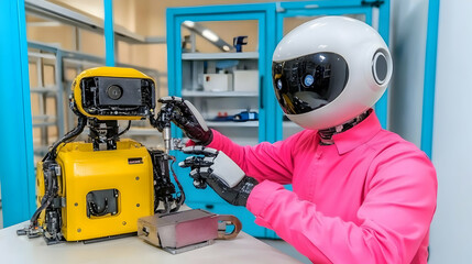 Obraz premium Robot technician in pink shirt repairing a yellow robot.