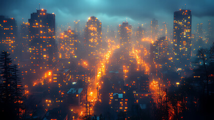 Fototapeta premium Night city lights foggy mountain view winter urban landscape