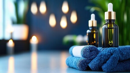 A serene setting featuring two amber dropper bottles on a blue towel, surrounded by candles and soft lighting, creating a calming ambiance.