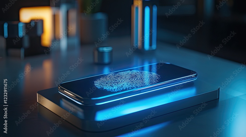 Poster Smartphone Displaying A Glowing Fingerprint Scan