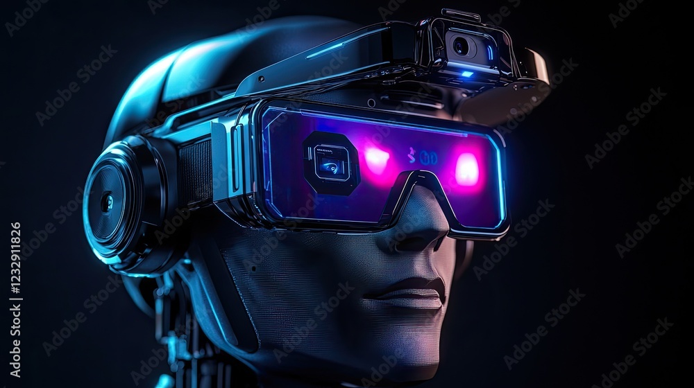 Poster futuristic robot wearing advanced head mounted display