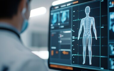 A medical professional analyzes a digital display showing a 3D model of the human body, highlighting anatomy and health data.