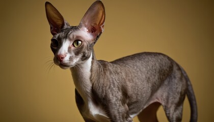 A striking Cornish Rex cat stares intensely into the camera, its large ears and wavy fur illuminated by dramatic lighting. A unique and elegant feline portrait.