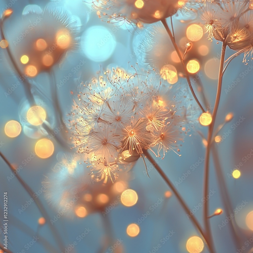 Poster glowing dandelions with bokeh background at twilight