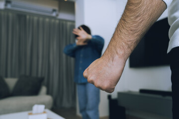 Naklejka premium Spouses are arguing, husband is physically abusing wife. Concept of family disputes problems