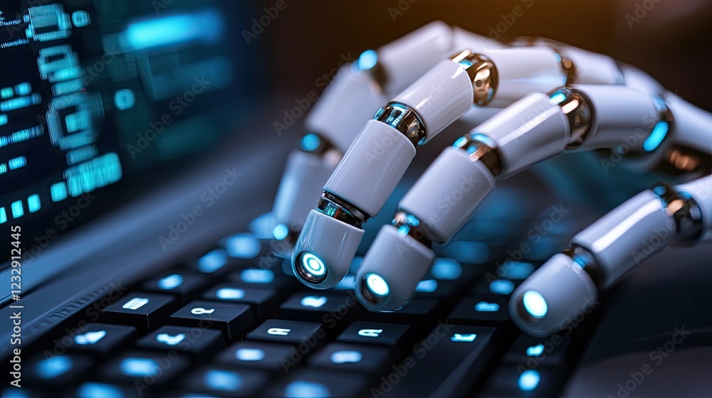 Aufkleber Robotic hand operating a computer keyboard efficiently