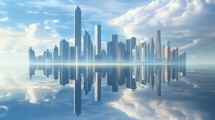 Futuristic cityscape reflecting on calm water under cloudy sky