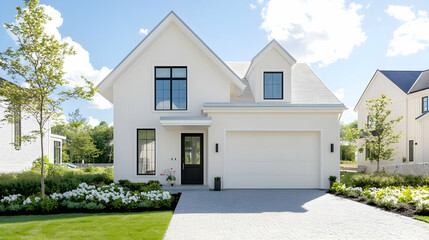Modern white house, sunny day, landscaped yard, suburban neighborhood, real estate listing