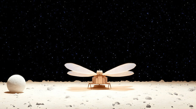 Robotic insect on alien planet, night sky.