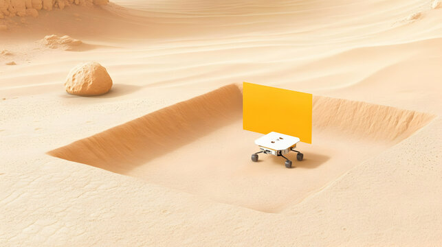Robotic rover with yellow sign in desert.