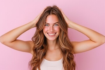 Fototapeta premium Portrait of young woman with long wavy brown hair, vibrant pink background, natural makeup, cheerful smile, stylish look, radiant beauty, minimalistic style, copy space for text