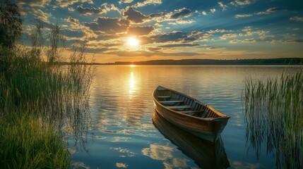 Obraz premium Serene Sunset Lake with Rowboat