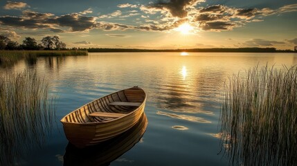 Serene Sunset: A Solitary Rowboat on a Tranquil Lake