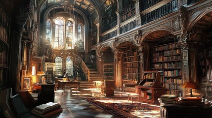 Fototapeta premium Elegant Library Interior with Wooden Shelves and Sunlit Windows