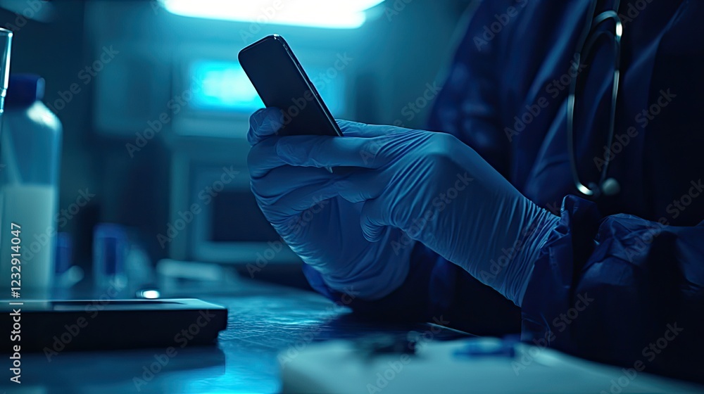 Poster Gloved Doctor Using Smartphone in Lab Setting