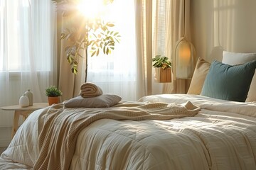 high-angle shot of a luxurious hotel room interior showcasing a cozy bed with elegant decor and stylish furniture.