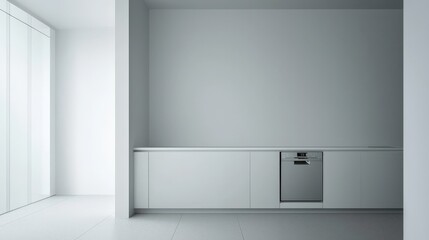 A kitchen with a white wall and a silver dishwasher