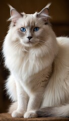Close-up of a fluffy Ragdoll cat with soft, white fur and mesmerizing blue eyes, relaxing on a warm-toned chair. A serene and cozy atmosphere radiates from this feline portrait
