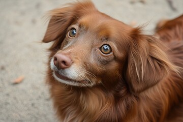 Lovely brown dog looking up with hopeful expression